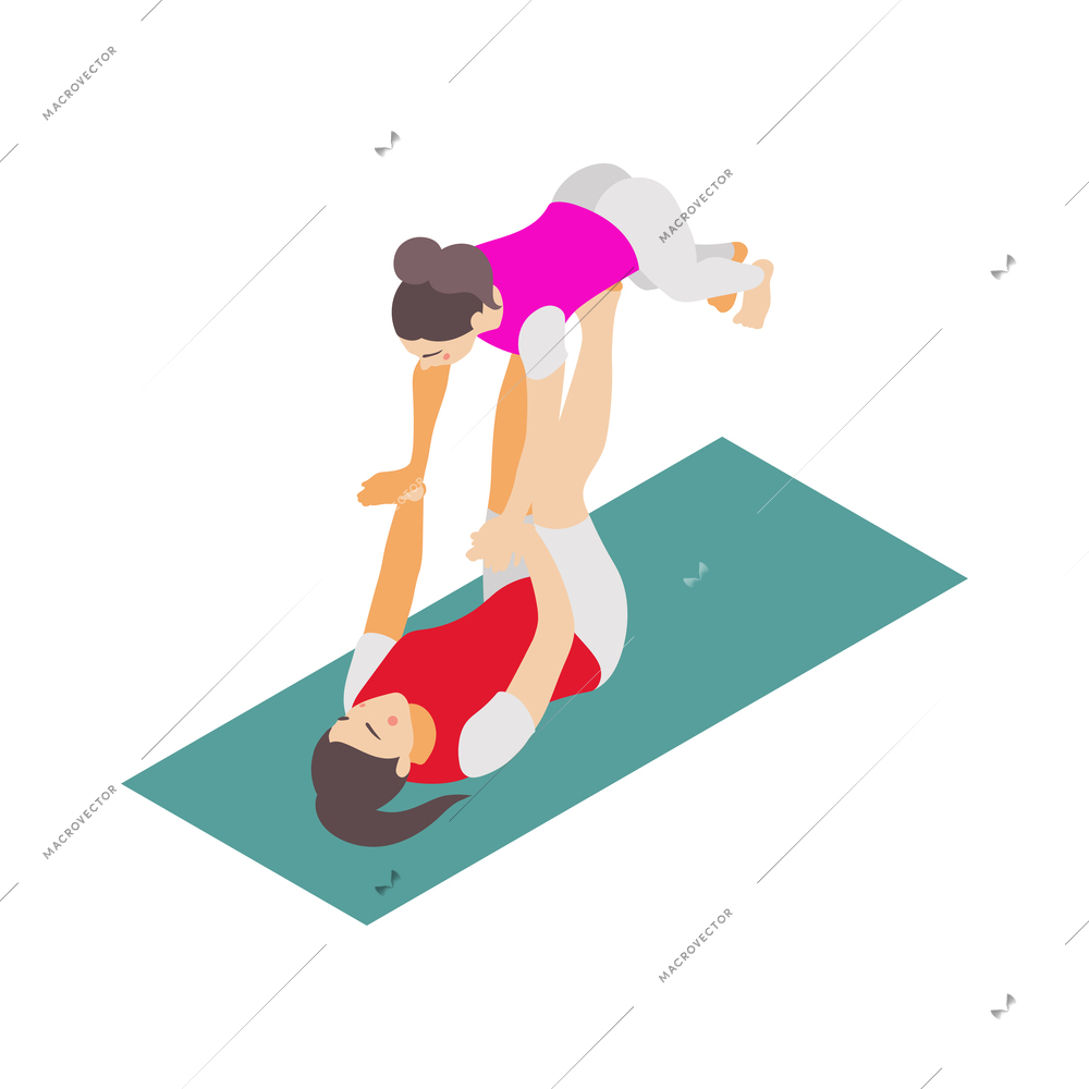 Family fitness isometric icon with mother and girl doing yoga together on mat 3d vector illustration