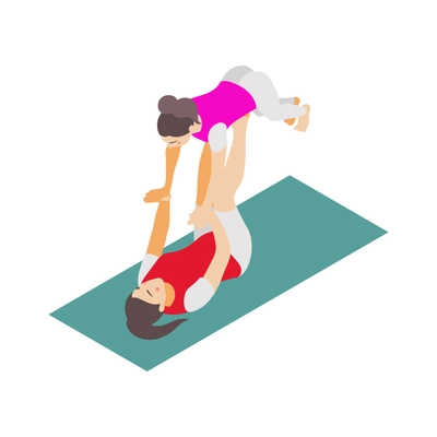 Family fitness isometric icon with mother and girl doing yoga together on mat 3d vector illustration