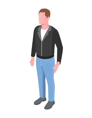 Isometric male biker wearing black jacket and jeans 3d vector illustration