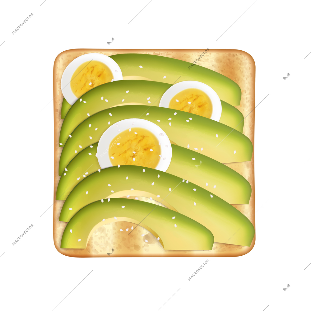 Healthy wheat toast with boiled eggs and avocado slices on white background realistic vector illustration