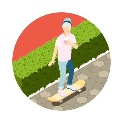 Isometric icon with modern trendy senior man riding skateboard with drink 3d vector illustration