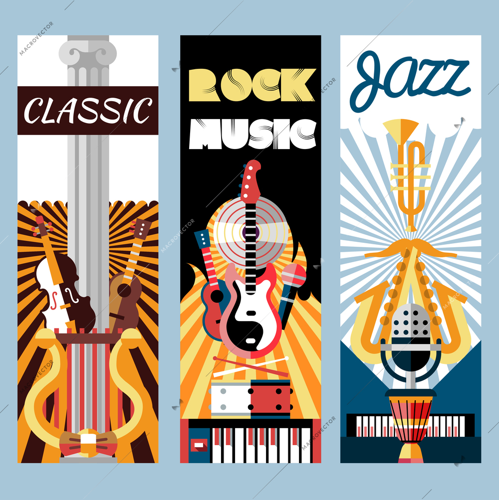 Music flat vertical banners set with jazz classic rock instruments isolated vector illustration