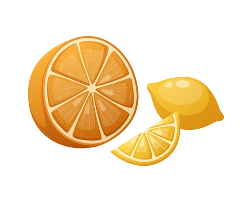 Citrus fruits with orange half whole and sliced lemon on white background cartoon vector illustration