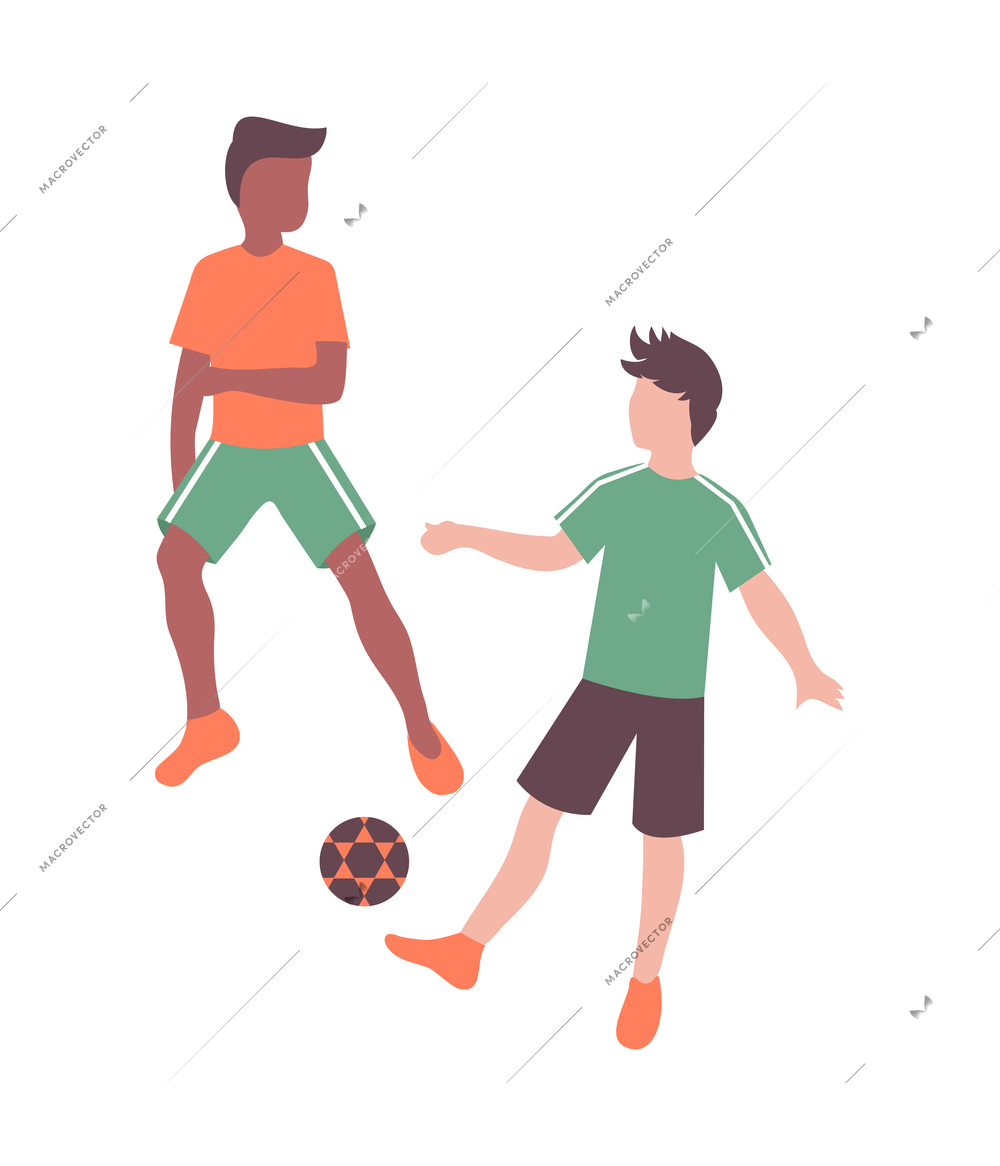 Two boys playing football on white background 3d isometric isolated vector illustration