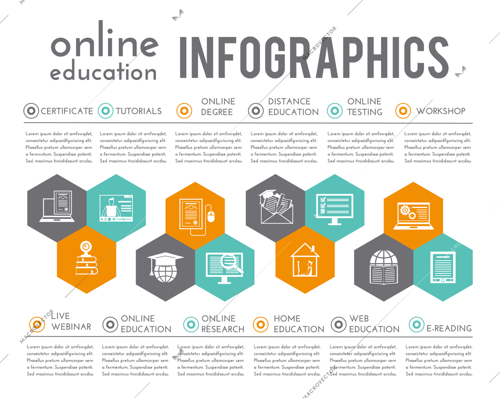 Online education infographics with certificate tutorials degree distance testing elements vector illustration