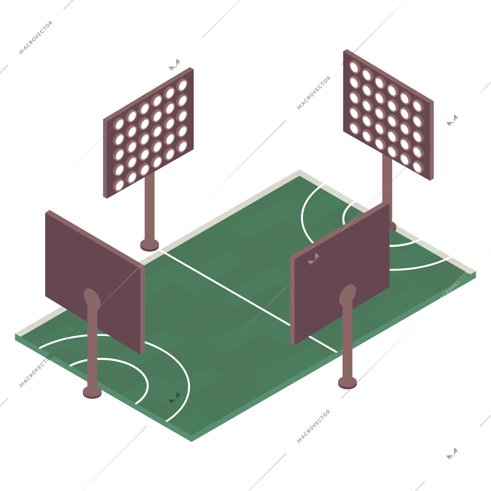 Green sport field with four projectors isometric icon 3d vector illustration