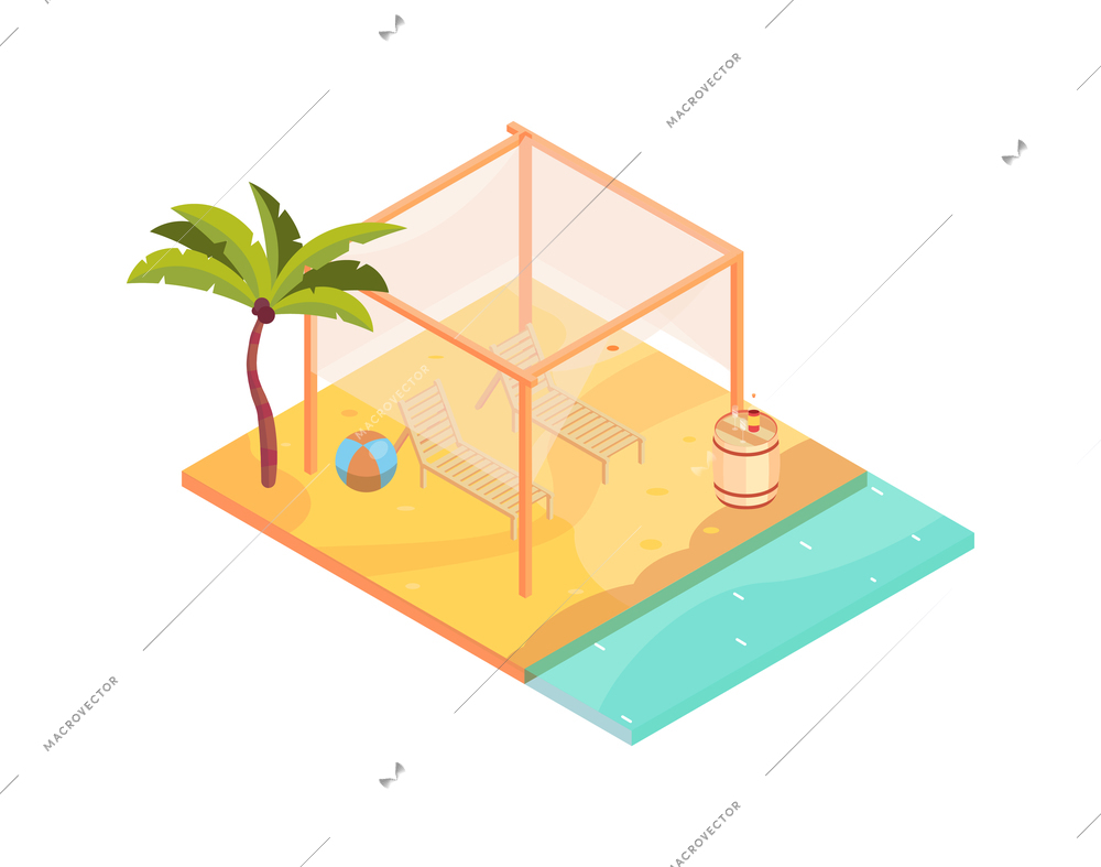 Tropical rest isometric icon with lounges on sunny beach 3d vector illustration