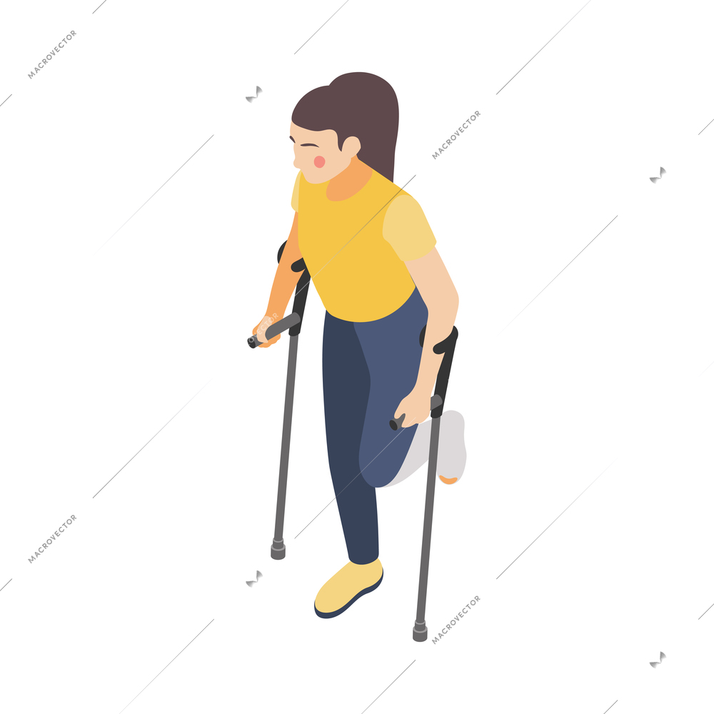 Disabled woman with broken leg walking with crutches 3d isometric vector illustration