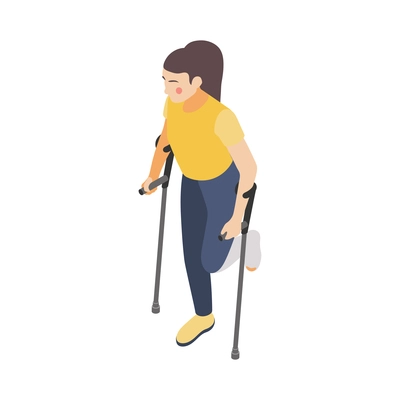 Disabled woman with broken leg walking with crutches 3d isometric vector illustration