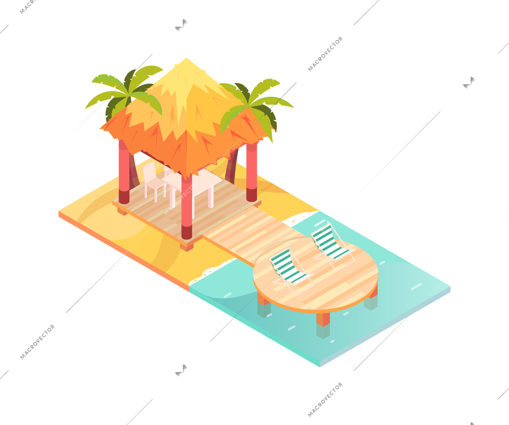 Isometric icon with gazebo and lounges on seashore for tropical rest 3d vector illustration