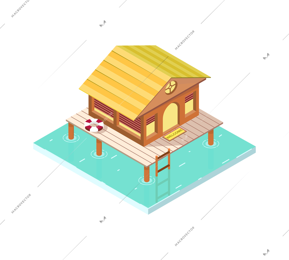 Tropical rest isometric icon with exotic overwater bungalow 3d vector illustration