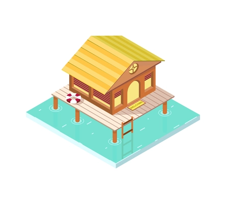 Tropical rest isometric icon with exotic overwater bungalow 3d vector illustration