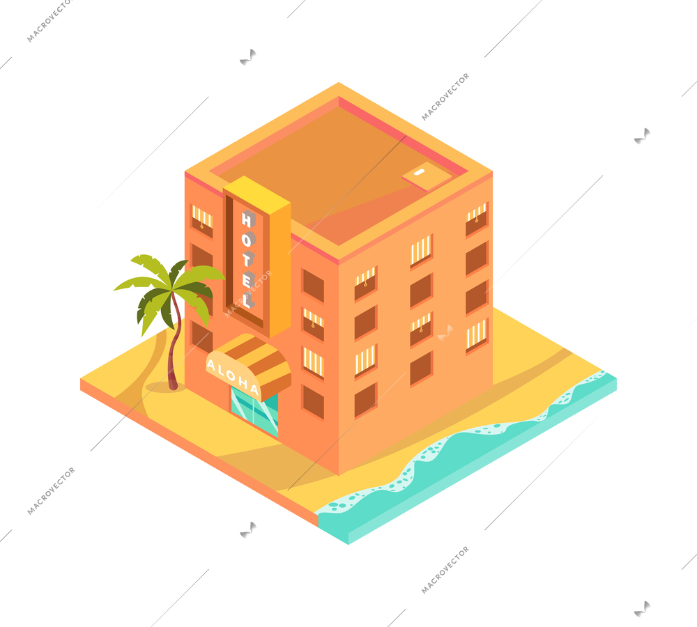 Tropical rest isometric icon with hotel building exterior on seashore 3d vector illustration