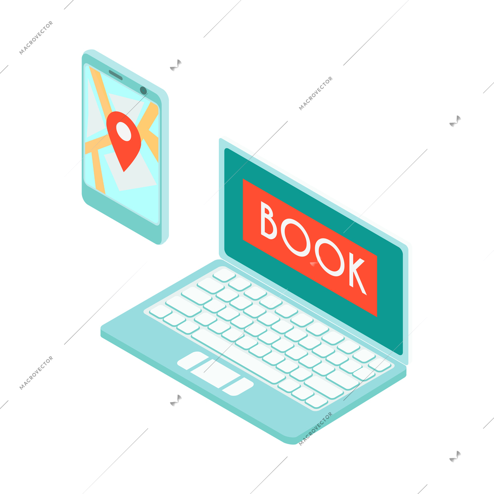 Booking service isometric icon with laptop and map application on smartphone isolated vector illustration