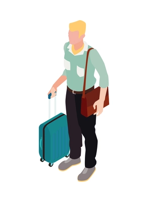 Isometric character of male tourist with luggage 3d vector illustration