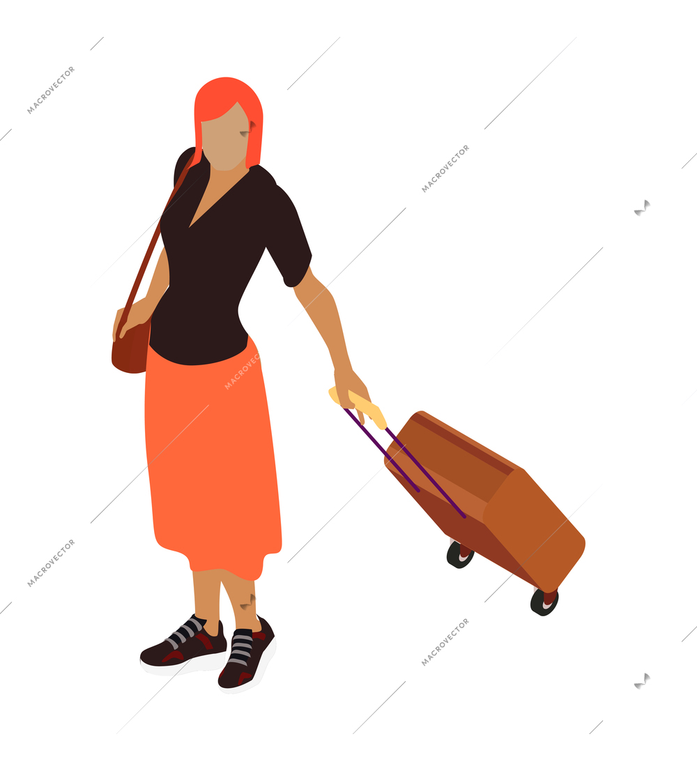 Female traveler or tourist with suitcase and bag on white background isometric vector illustration