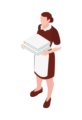 Isometric character of hotel maid in uniform holding stack of clean towels vector illustration