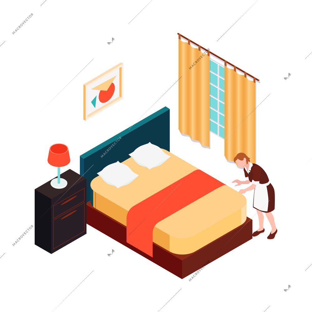 Hotel cleaning service worker tidying room making bed 3d isometric vector illustration