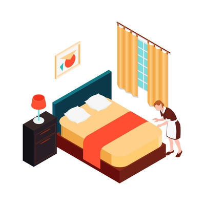 Hotel cleaning service worker tidying room making bed 3d isometric vector illustration