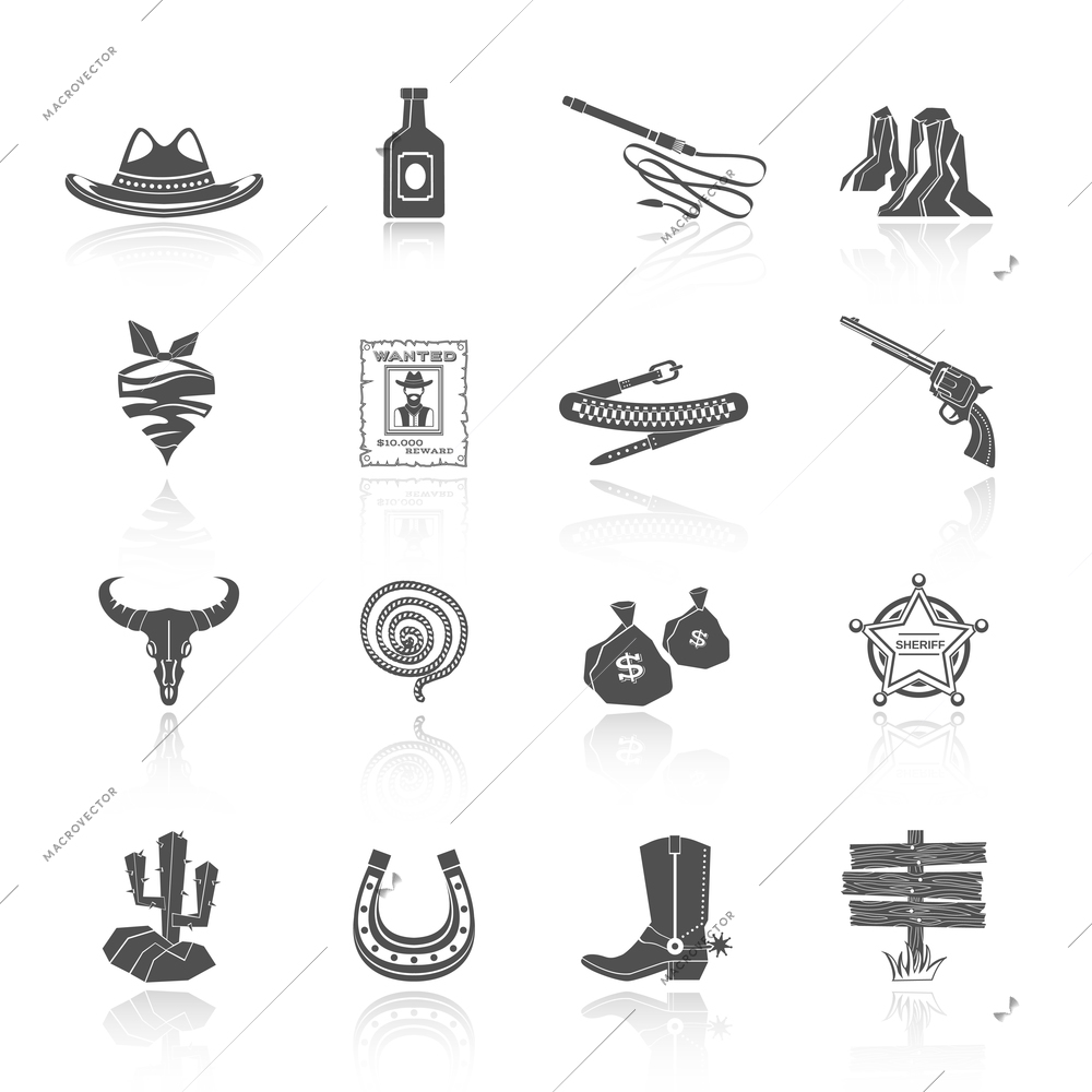 Wild west cowboy black icons set with hat bottle shoes cactus isolated vector illustration