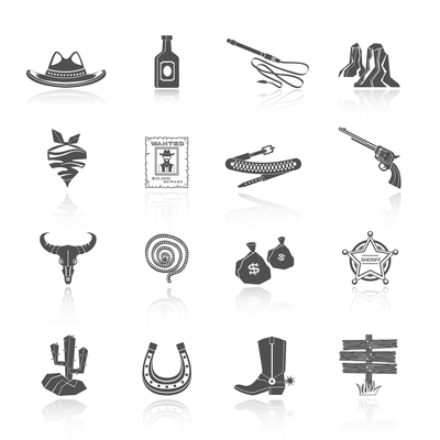 Wild west cowboy black icons set with hat bottle shoes cactus isolated vector illustration