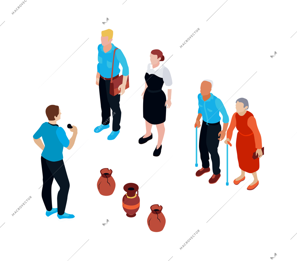 Male guide conducting excursion in historical museum with ancient exhibits for tourists of different age isometric vector illustration