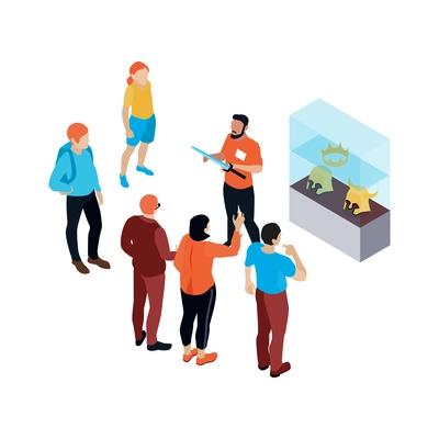 Excursion guide and group of tourists in historical museum 3d isometric vector illustration