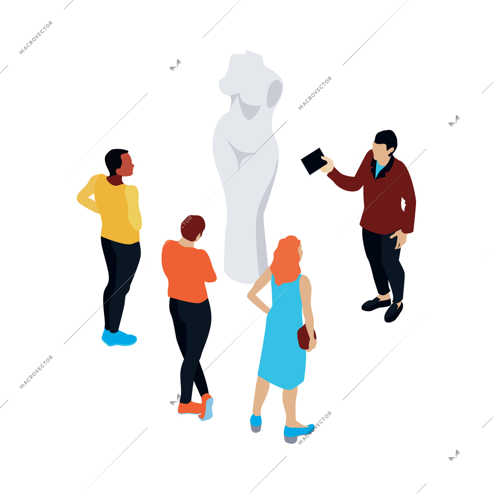 Male guide telling about ancient statue on excursion along museum 3d isometric vector illustration