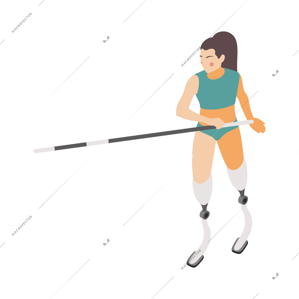 Disabled sportswoman with prosthetic leg doing pole vaulting 3d isometric icon vector illustration