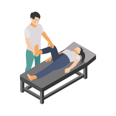 Physiotherapy isometric icon with therapist examining leg of female patient 3d vector illustration