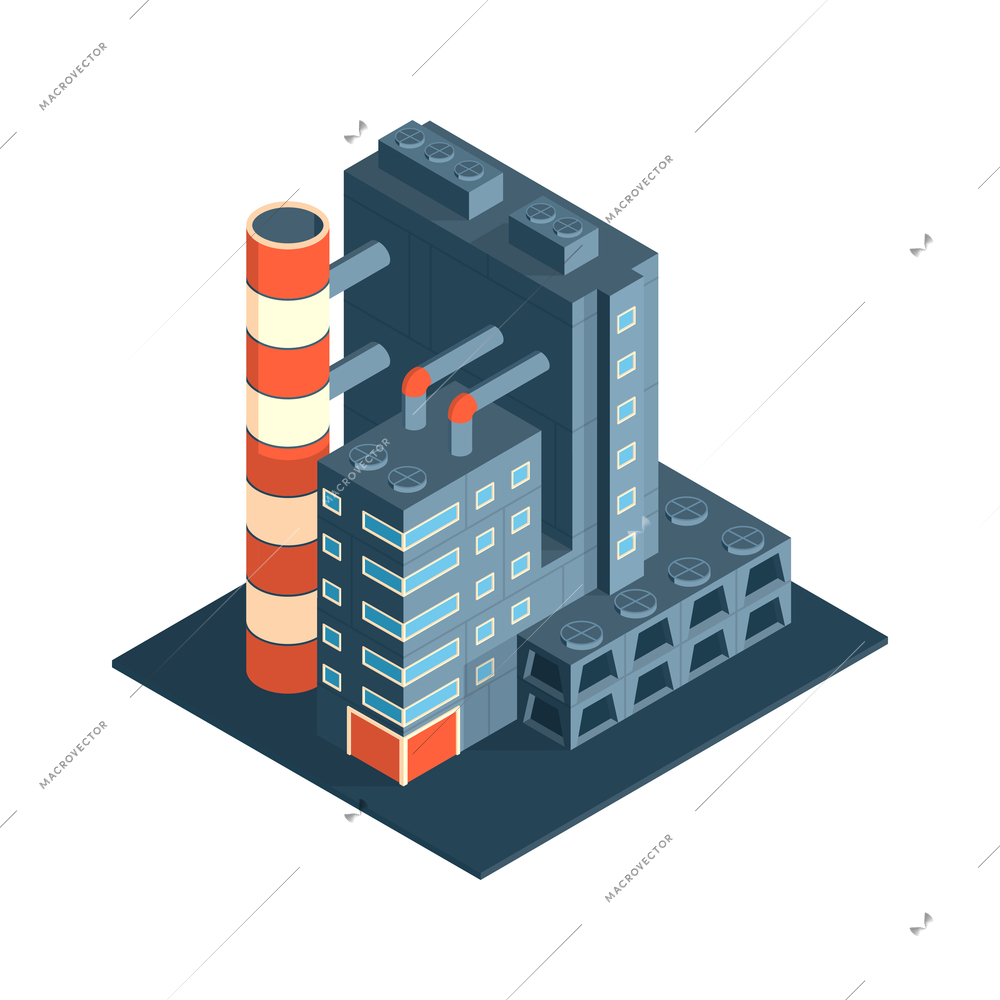 Modern industrial building with chimney 3d factory exterior icon isometric vector illustration