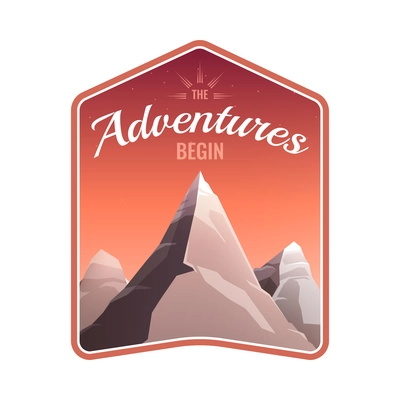 Adventure expedition to mountains flat emblem with high peaks image vector illustration