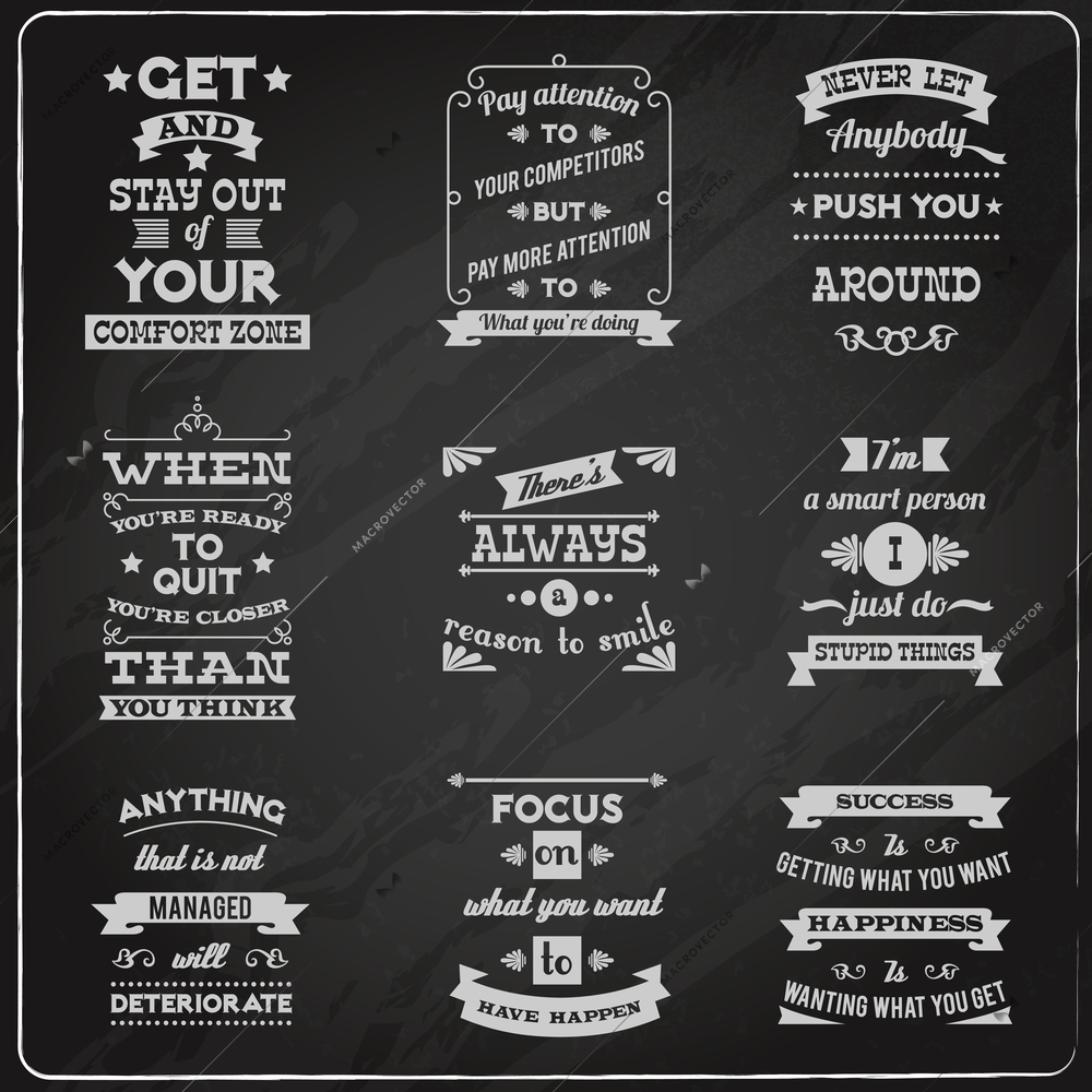 Success motivational success life and inspiration quotes collection chalkboard labels set isolated vector illustration