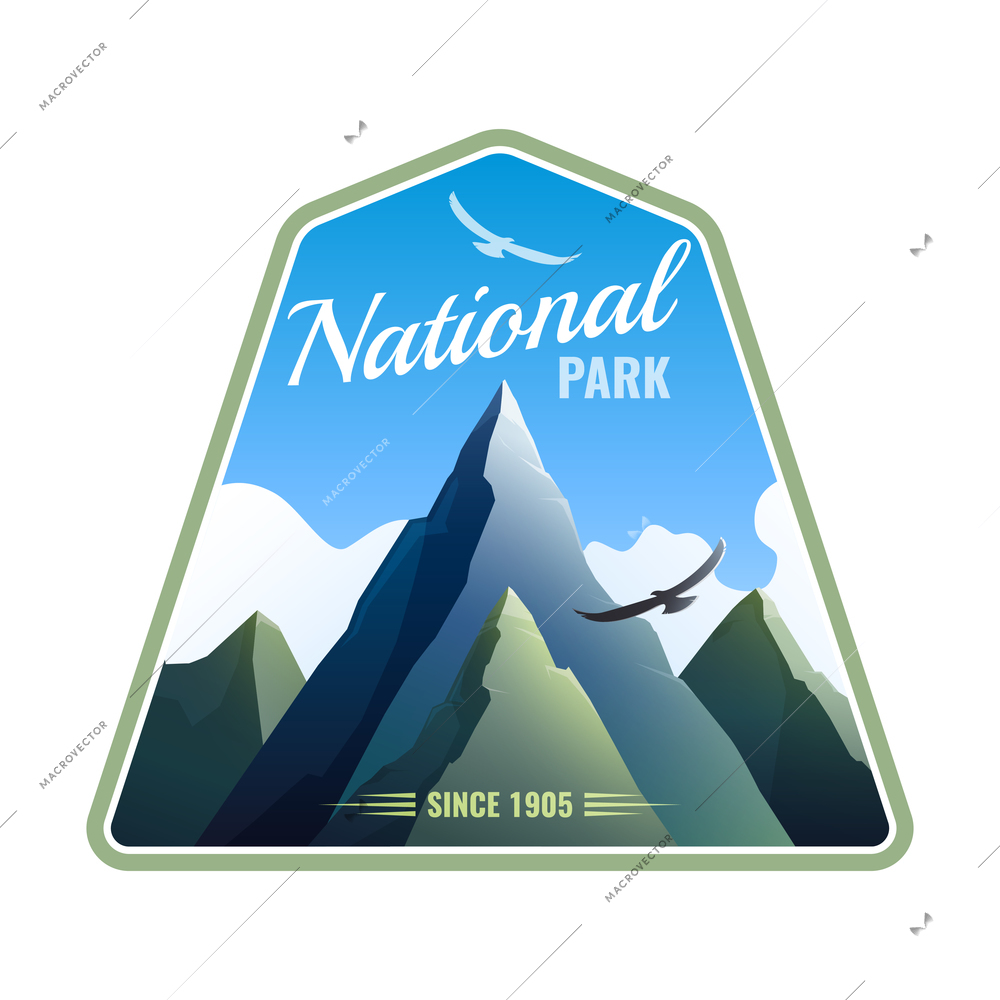 National park flat color emblem with mountains on background with blue sky and birds vector illustration