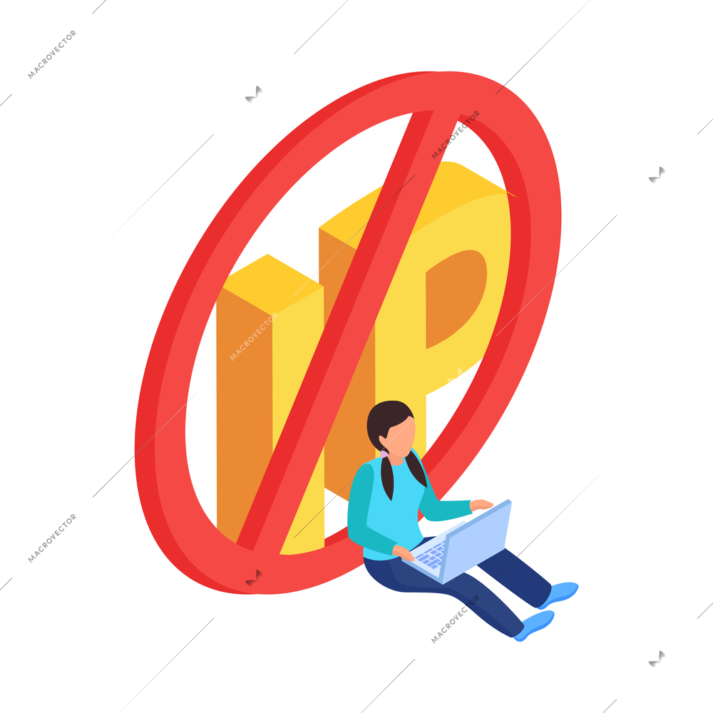 Blocking internet sites blocked ip 3d isometric icon with human character and laptop vector illustration