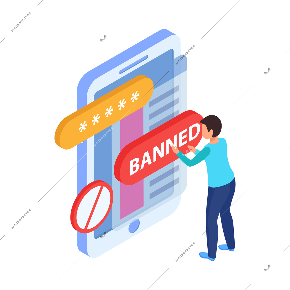 Blocking sites banned internet user isometric icon with human character and tablet 3d vector illustration