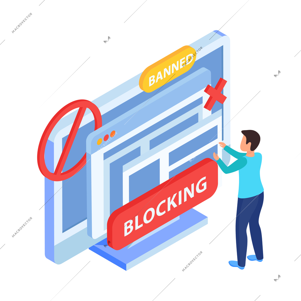 Blocking internet websites banned blocked user isometric icon on white background 3d vector illustration
