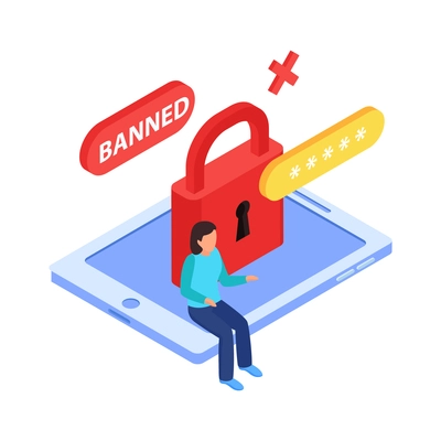 Banned internet website user icon with 3d image of electronic tablet lock human character isometric vector illustration