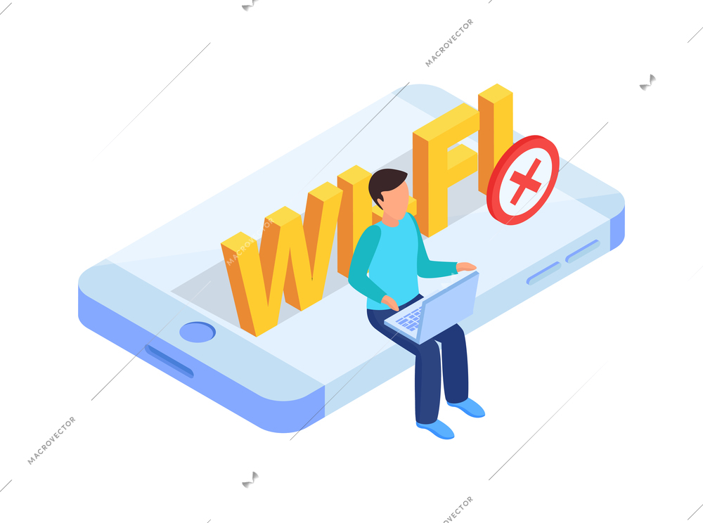 Blocking internet sites from wifi network isometric icon with smartphone and human character 3d vector illustration