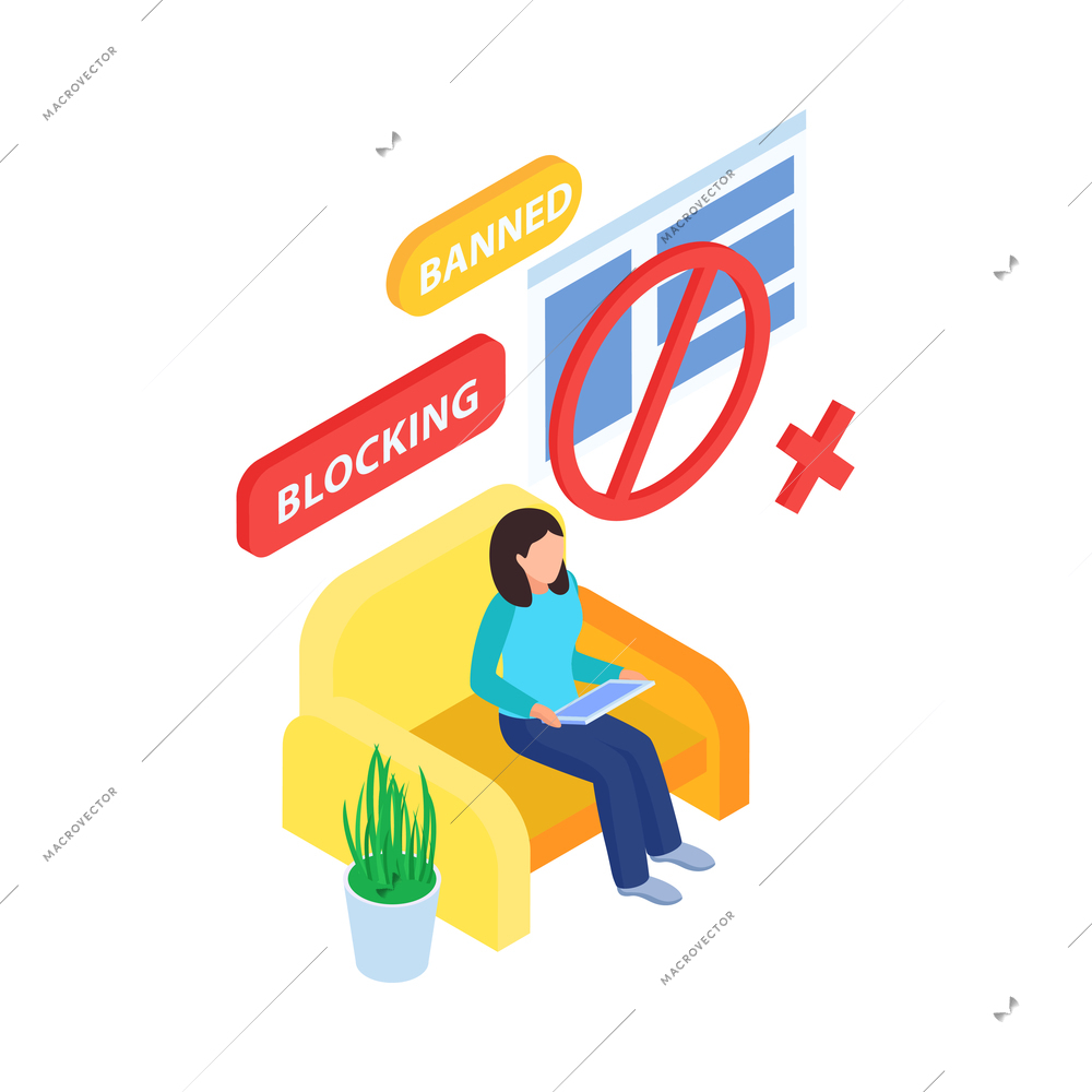 Isometric icon with human character of banned internet user and 3d symbols vector illustration
