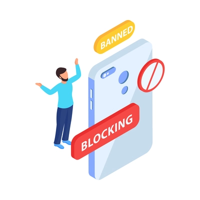 Blocking internet banned user isometric icon with human character and smartphone 3d vector illustration