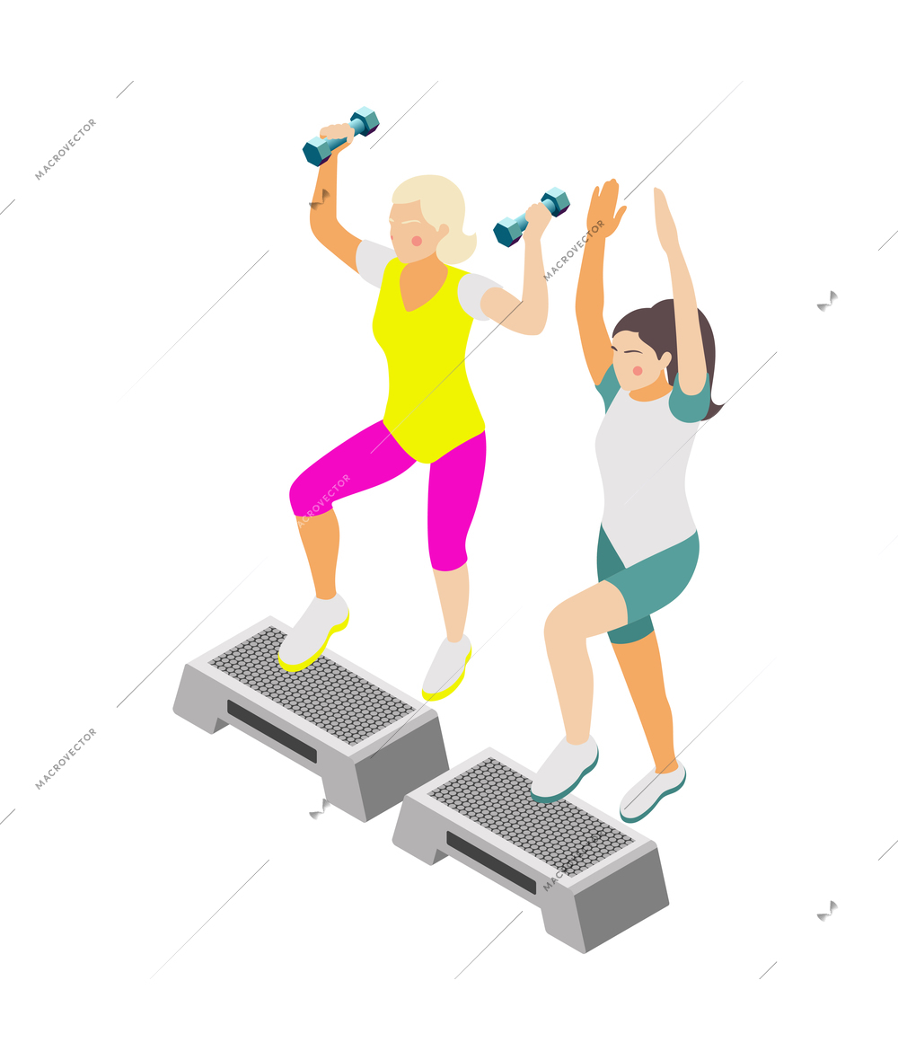 Family fitness isometric icon with woman and girl doing cardio workout with barbells 3d vector illustration