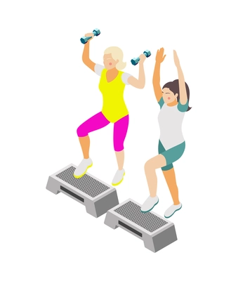 Family fitness isometric icon with woman and girl doing cardio workout with barbells 3d vector illustration