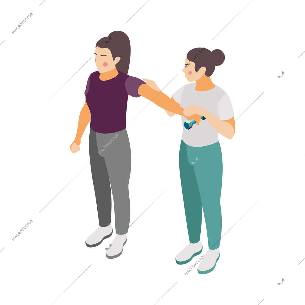 Rehabilitation therapy for disabled people isometric icon with woman doing exercises with physiotherapist 3d vector illustration