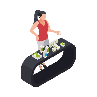 Isometric icon with promoter telling about promotional products at exhibition stand 3d vector illustration