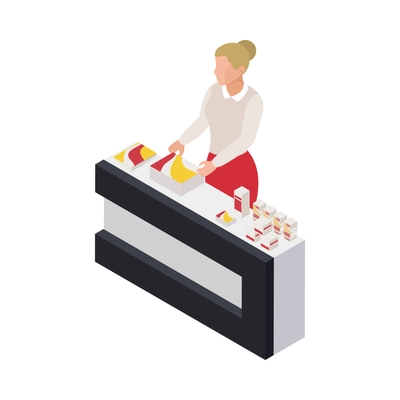 Female promoter standing at exhibition promotional stand with leaflets and products 3d isometric vector illustration