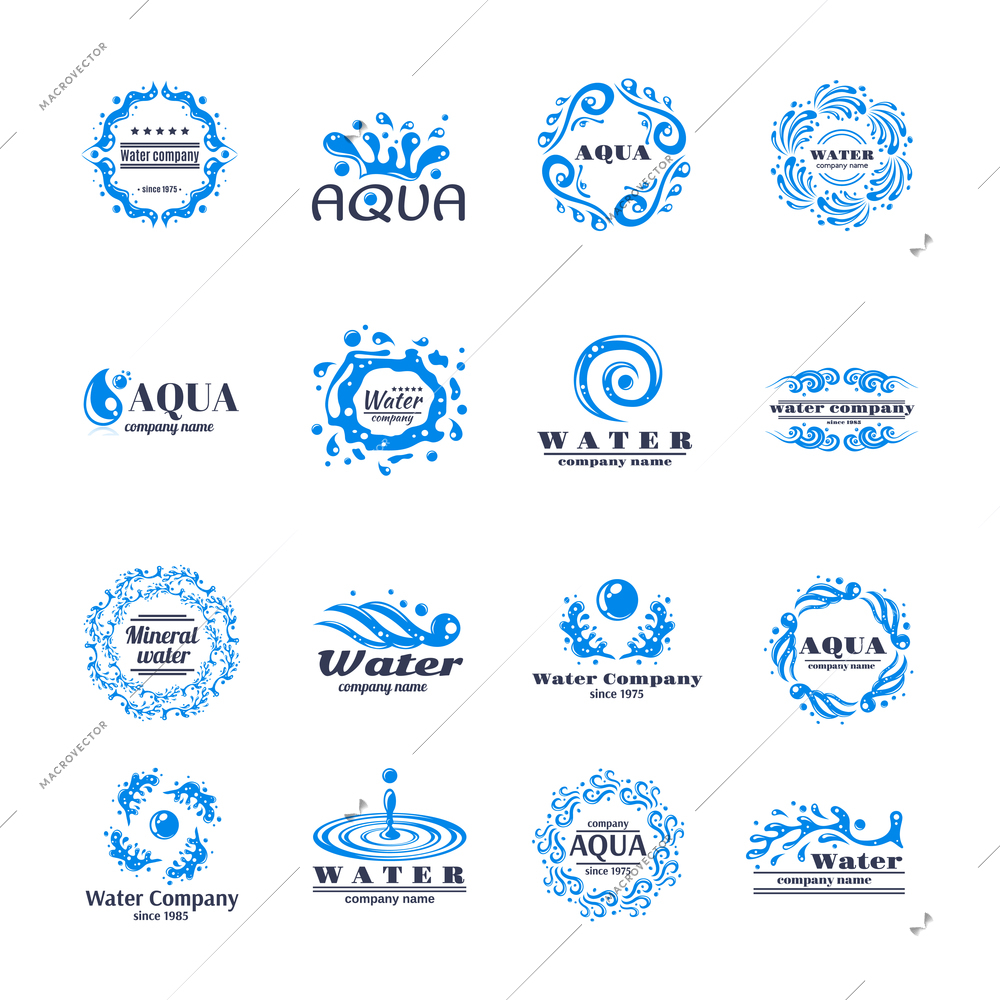 Water company aqua mineral logo set with blue waves isolated vector illustration