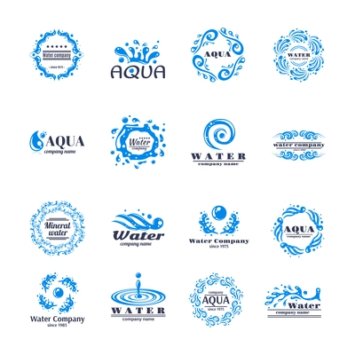 Water company aqua mineral logo set with blue waves isolated vector illustration