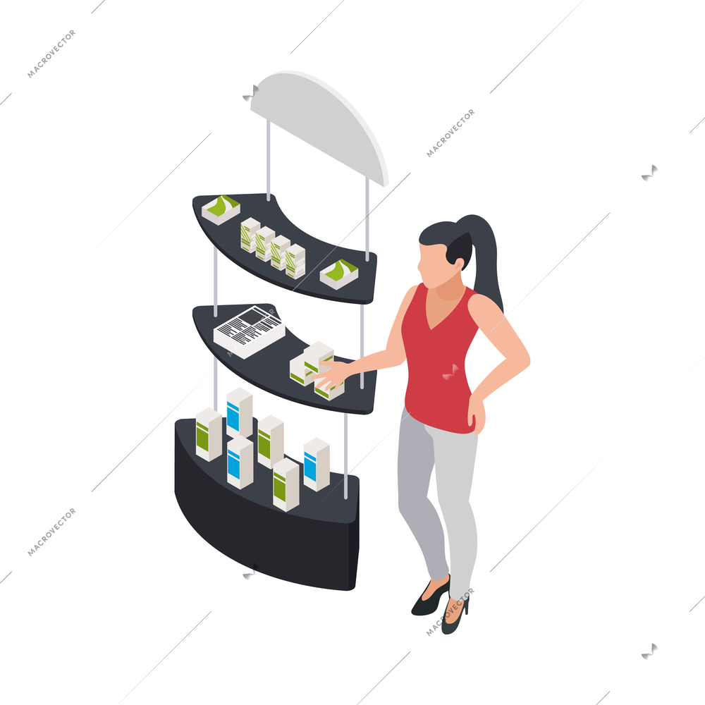 Isometric icon with female promoter and exhibition stand with promotional products and brochures 3d vector illustration