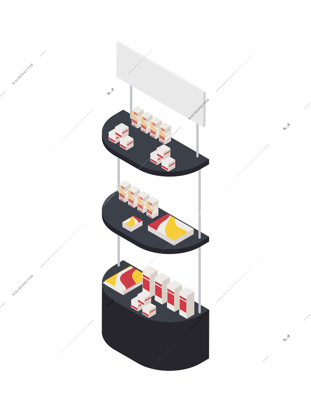Isometric promotion stand with products and brochures on shelves for exhibition interior 3d vector illustration